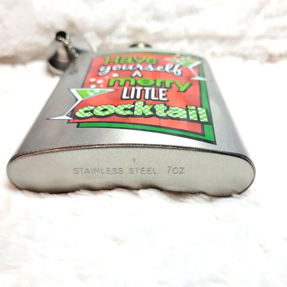 Have Yourself A Merry Little Cocktail SS Flask Screw Top Funnel 7 Ounce OOS